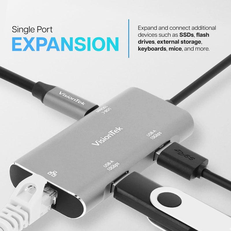 VisionTek USB-C Hub, 3-Port, Gigabit Ethernet Adapter, 10Gbps USB-C & USB-A | Plug and Play, 10Gbps 3-Port USB C Hub, 1x USB-C & 2x USB-A Data Adapter, Driverless Dongle for MacBook, Laptop & PC