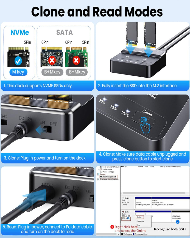Dual Bay NVMe SSD Cloner & Duplicator - 20Gbps USB 3.2 Gen 2x2 M.2 Enclosure Dock, Tool-Free Offline Clone Reader/Adapter for PCIe NVMe SSDs (M-Key/B+M Key) Supports 2230 2242 2260 2280 22110