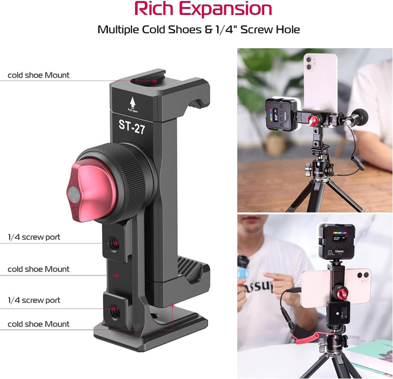 [AUSTRALIA] - Metal Phone Tripod Mount 3 Cold Shoes & Arca Port, 360° Smartphone Tripod Adapter for iPhone 17 16 15 Cell Phone Stand Holder for Desktop Video Live Streaming Vlogging Rig ST-27 