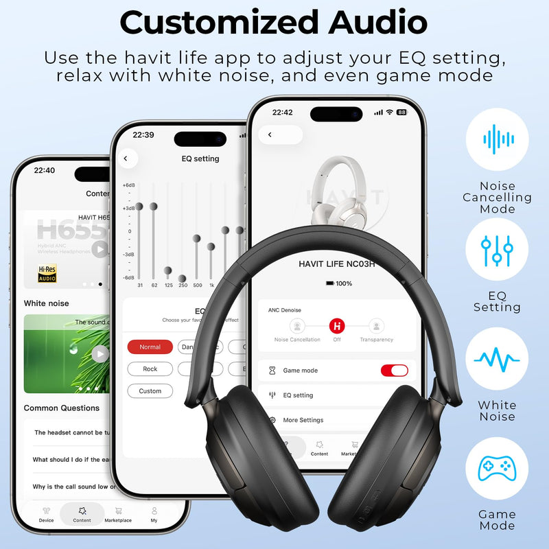 havit Hybrid ANC Wireless Headphones, Over Ear Bluetooth Headphones with Hi-Res Audio, Spatial Sound, 80H Battery, 5-Mic ENC Calls, Metal-Accent Foldable Design