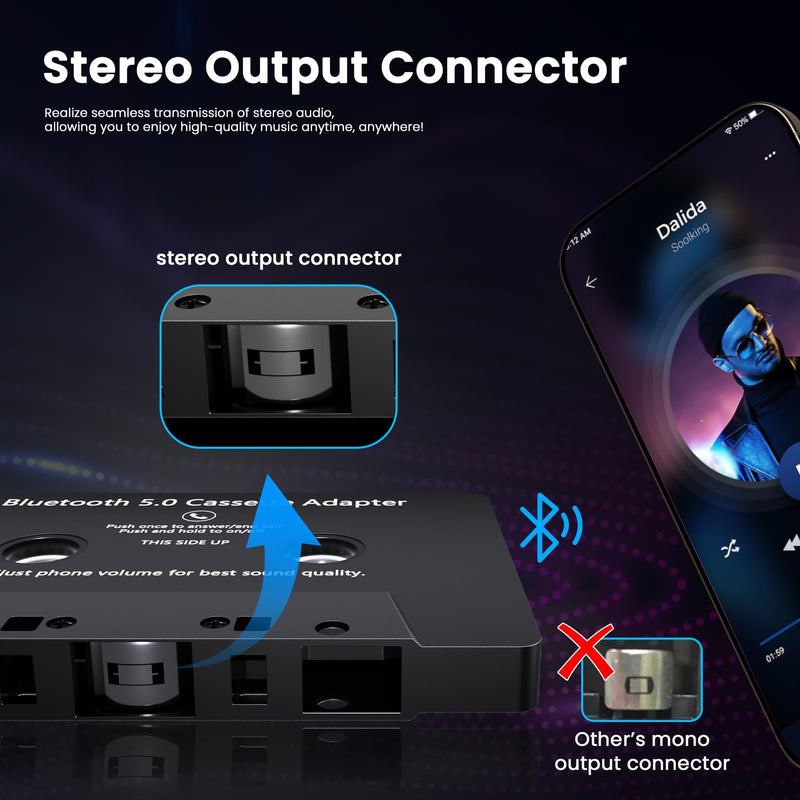 Mersoco Car Audio Bluetooth Wireless Cassette Receiver, Tape Player MP3 Bluetooth 5.0 Cassette Aux Adapter, Hands-Free Calling, Stereo Two-Channel,Black