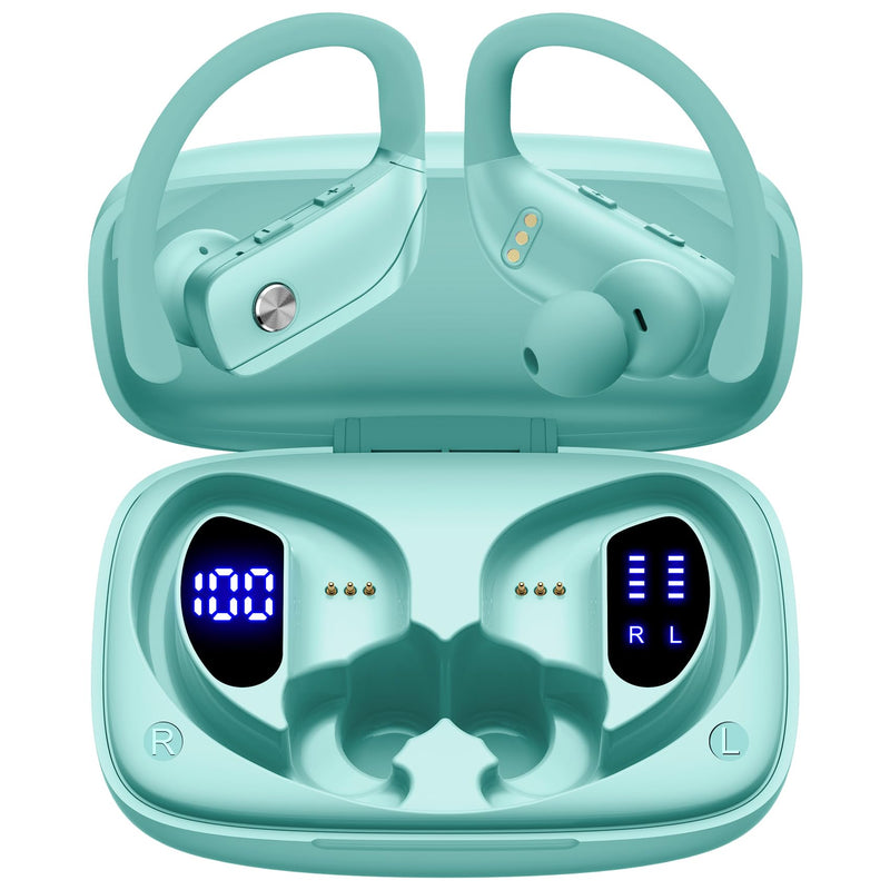 2 Sets Wireless Earbuds Bluetooth Headphones 48hrs Play Back Sport Earphones with LED Display Over-Ear Buds with Earhooks Built-in Mic Headset for Workout Mint Green+Green