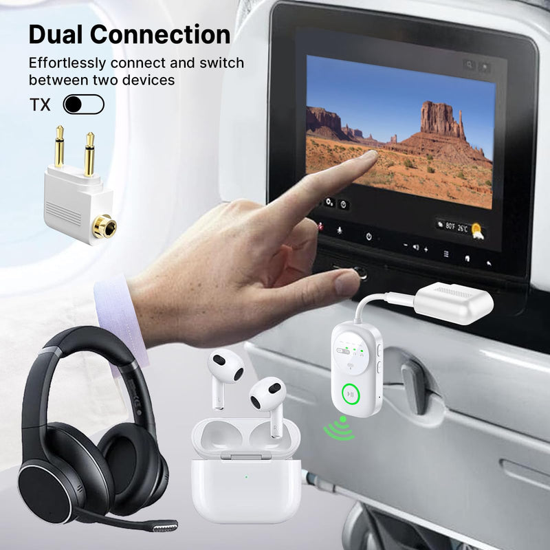 Bluetooth 5.4 Transmitter Receiver for 2 AirPods/Headphones, 2-in-1 Wireless Adapter with Microphone, Audio Adapter with 3.5mm Audio Jack, Suitable for Airplane, Car, TV, PC, Home Stereo White