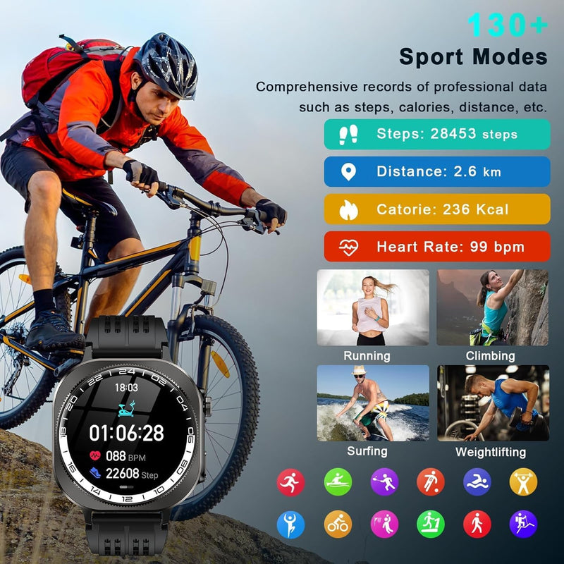 Smart Watch,2026 AMOLED 1.43",Bluetooth 5.4 Calling Smartwatch,1000mAh Battery,96 Days military watches,130+ Sports,Flashlight,Heart Rate,Sleep Monitor,IP68 Waterproof Fitness Tracker,for Android iOS A-Black