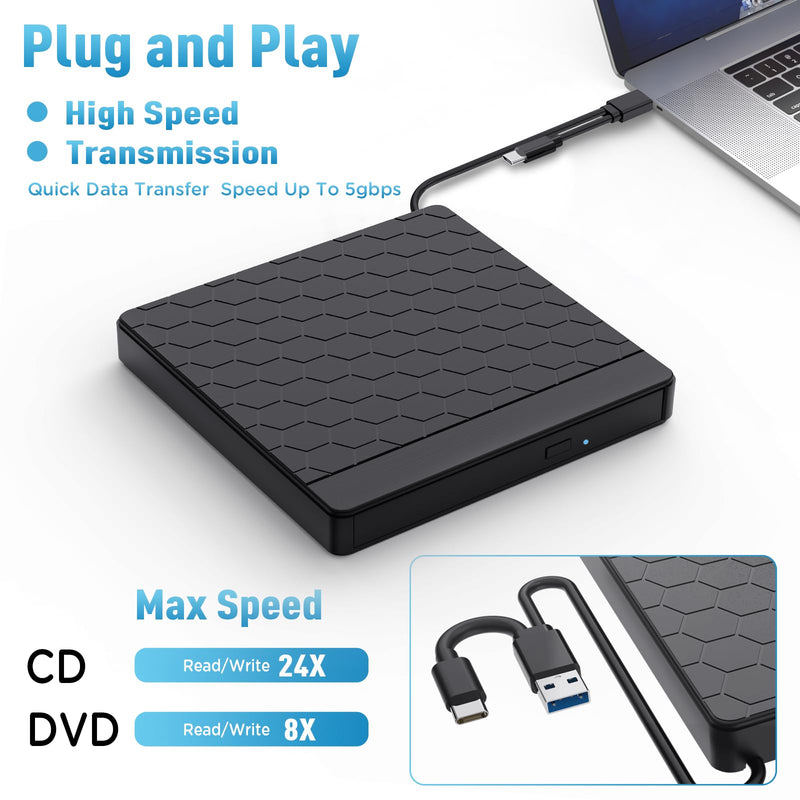 External CD/DVD Drive for Laptop, CD Burner with 2 USB Ports &TF/SD Card Slots, DVD Player for Laptop, USB 3.0 DVD Drive External CD Reader Compatible with Laptop Desktop PC Windows 11/10/8.1/7 Mac black