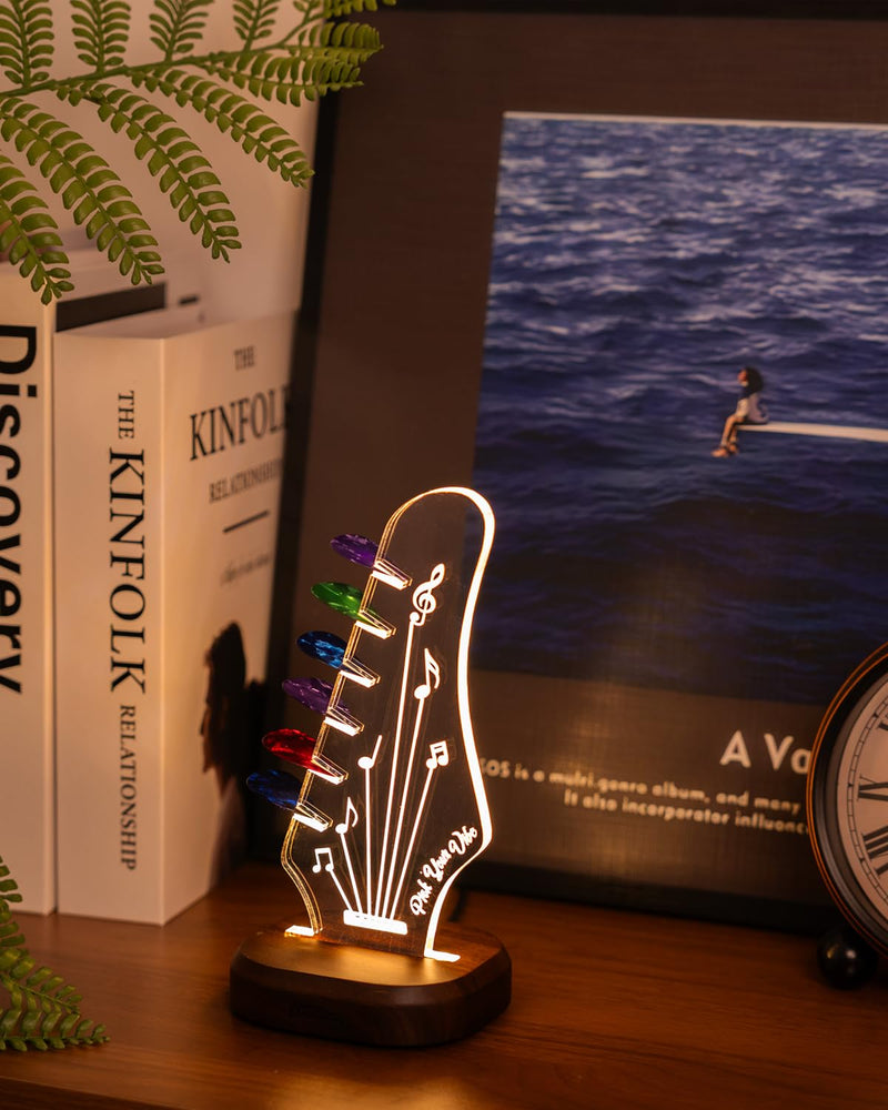 Light Up Guitar Pick Holder with 6 Guitar Picks, Acacia Wood & Acrylic Guitar Headstock Shaped Pick Holder Case for Guitar Pick Storage & Display, Guitar Music Accessories Gift for Guitar Lover Player