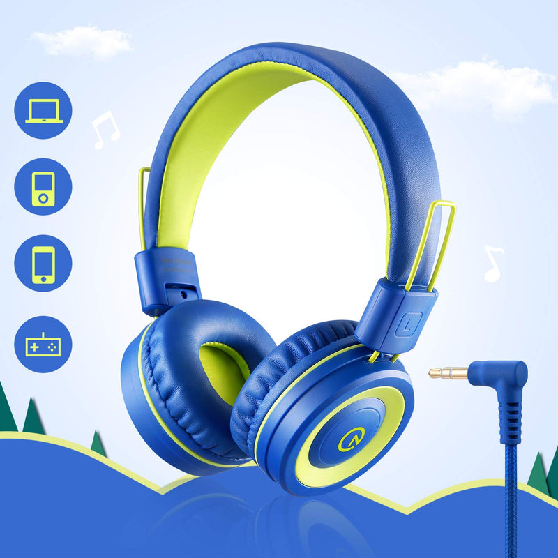 noot products Kids Headphones with Microphone K12 Stereo 5ft Long Cord with 85dB/94dB Volume Limit Wired On-Ear Headset for iPad/Amazon Kindle,Fire/Toddler/Boys/Girls/School(Blue/Lime) Blue Lime