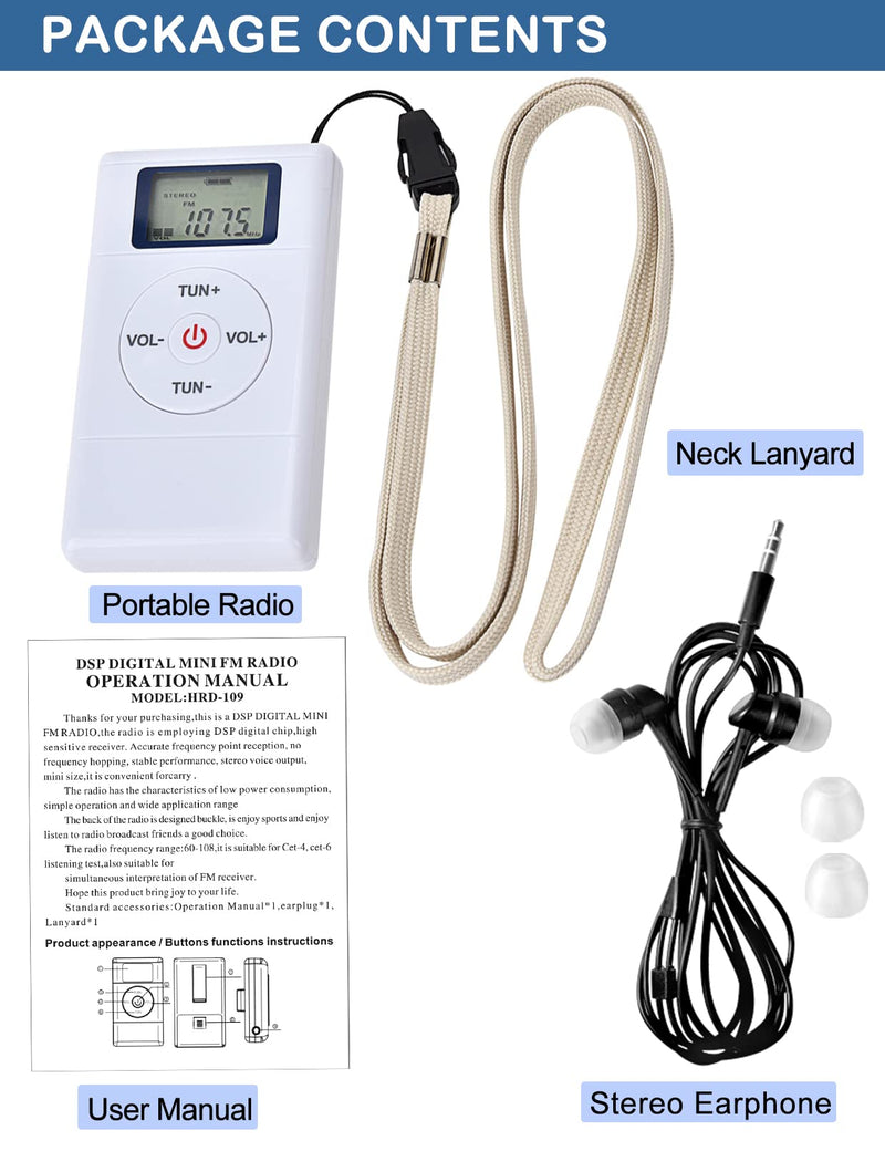 ZHIWHIS Mini Portable FM Radio, Stereo LCD Digital Display Tuning Pocket Walkmen Transistor Conference Receiver with Earphone, Small Pocket Radio Operated by AAA Batteries for Walking/Running