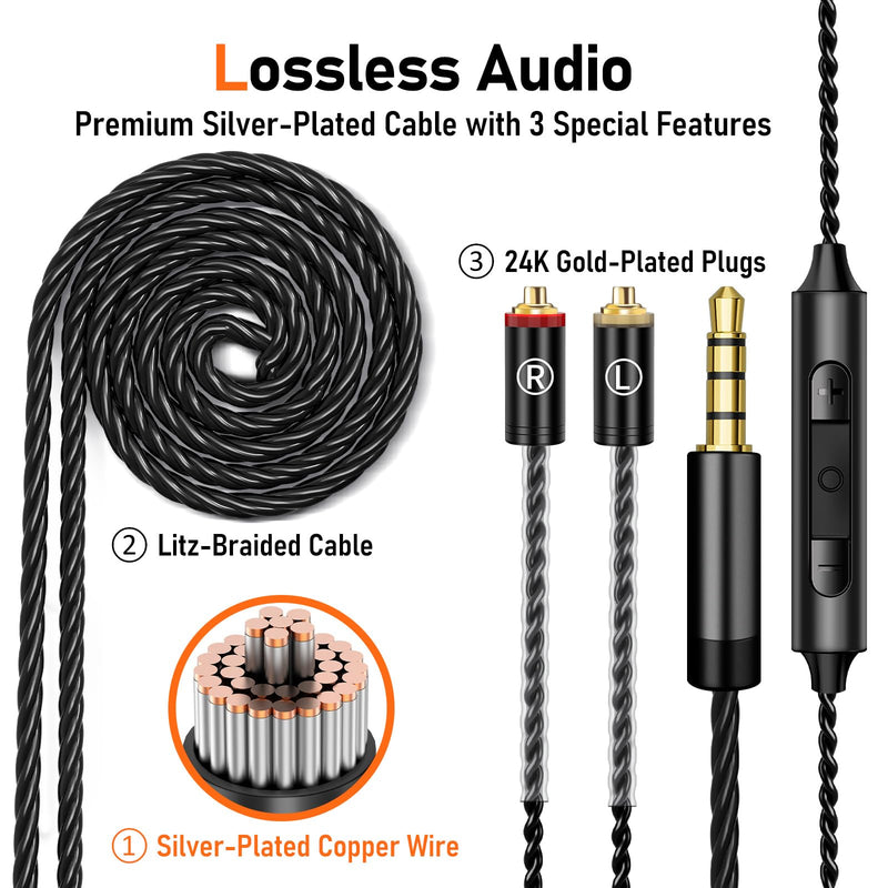 [AUSTRALIA] - Vibes 202M Wired Earbuds - HiFi in Ear Monitor Headphones - Noise Isolating Ear Buds w/ Mic - Clear Sound, Deep Bass & Comfort-Fit Gaming Earphones - MMCX to 3.5mm & Silver Plated Cord, Carrying Case 3.5mm & Mic 1-Black 