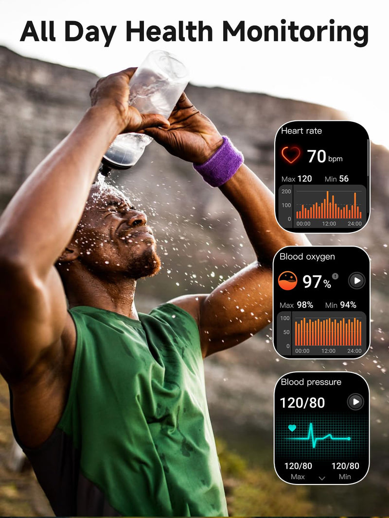 Blood Pressure Watch Men, IP68 Waterproof Blood Pressure Watch, 1.96" High-Resolution Touch Screen Smart Fitness Tracker with 100+ Sport Modes Compatible with Android and iOS, Black