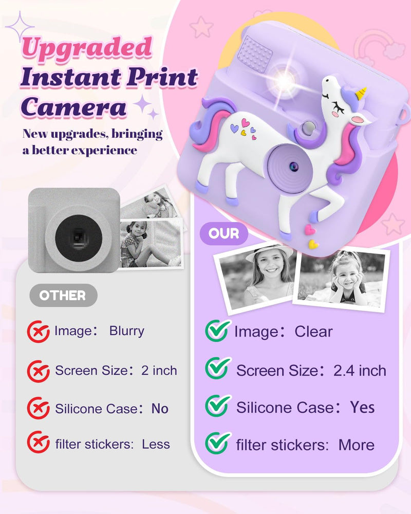 [AUSTRALIA] - Kids Camera Instant Print, 1080P Cameras for Kids Girls Toys Age 6-8, Christmas Birthday Gift for 7 8 9 10 Year Old Girls, Kids Toys for Girls Age 3-12 with 3 Rolls Paper and a 32G Card-Purple Purple 