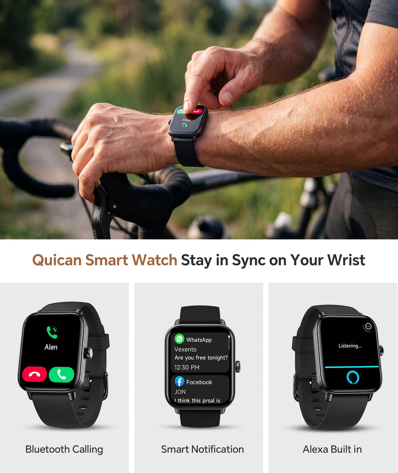 Quican Smart Watches for Women/Men, 2 Bands, Compatible for Android iPhone | 1.8" Fitness Tracker Watches, Alexa Built-in, Waterproof /Bluetooth Calling, Heart Rate/Sleep Monitor, Perfect Smart Gift Black 1.8 Inches