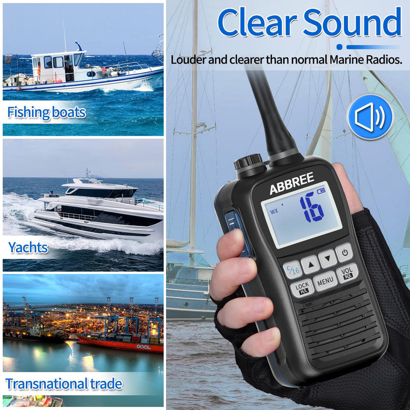 [AUSTRALIA] - ABBREE Marine VHF Radio Floating IP67 Waterproof MR-25 Handheld Long Range Noise Cancelling Mic Walkie Talkie NOAA Weather,LCD Display Vibration Water Draining Two Way Radio for Boat,Black 