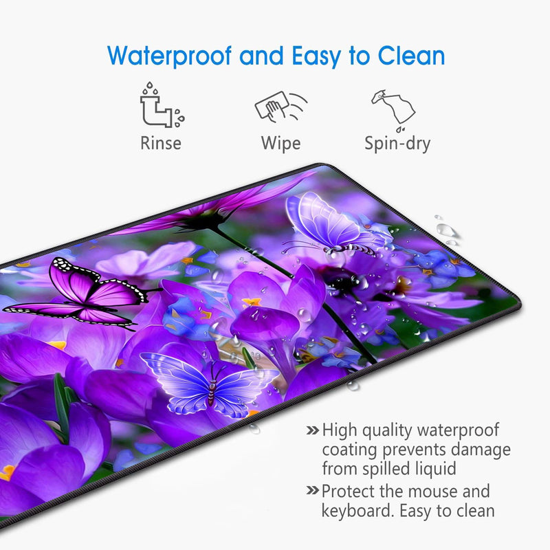 Luasao Desk Pad Mat Gaming Mouse Pads with Coasters, Stitched Edges Design Mouse Pad XXL Large Mouse Pad for Laptop Computers Purple Flowers and Butterflies Desk Writing Mat for Office & Home