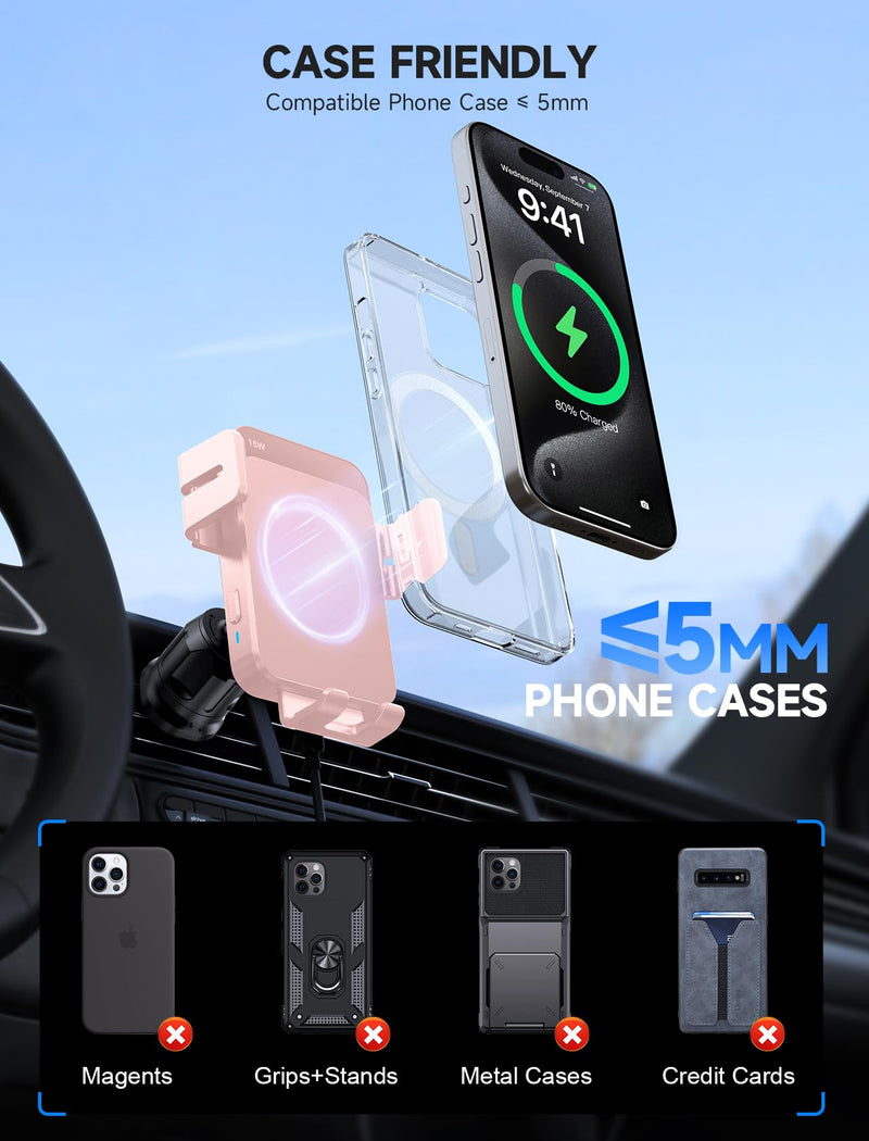 Wireless Car Charger 15W Auto Clamping Phone Holder Dash Windshield Vent | Car Charger Compatible with iPhone 17 16 15 14/13/13 Pro/12 pro/12/11/X/8, Samsung S24/S23/S22 Pink