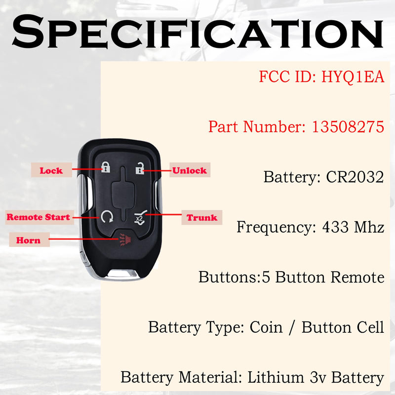 Key Fob Replacement Fits for GMC Acadia 2017 2018 2019 2020 2021 Push Start 5 Button Smart Proximity Keyless Entry Remote Start Control 13508275 HYQ1EA Self-Programmable