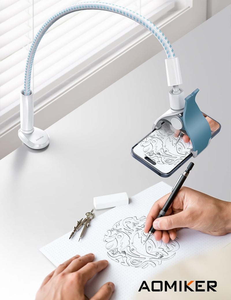 Gooseneck Phone Holder for Bed - [2023 Upgrade Nylon Braid] 38” Flexible Lazy Arm Clip, 360 Adjustable Overhead Phone Mount for iPhone 14 13 12 11 Pro Max Mini Plus, all 4-7" Cellphone - White