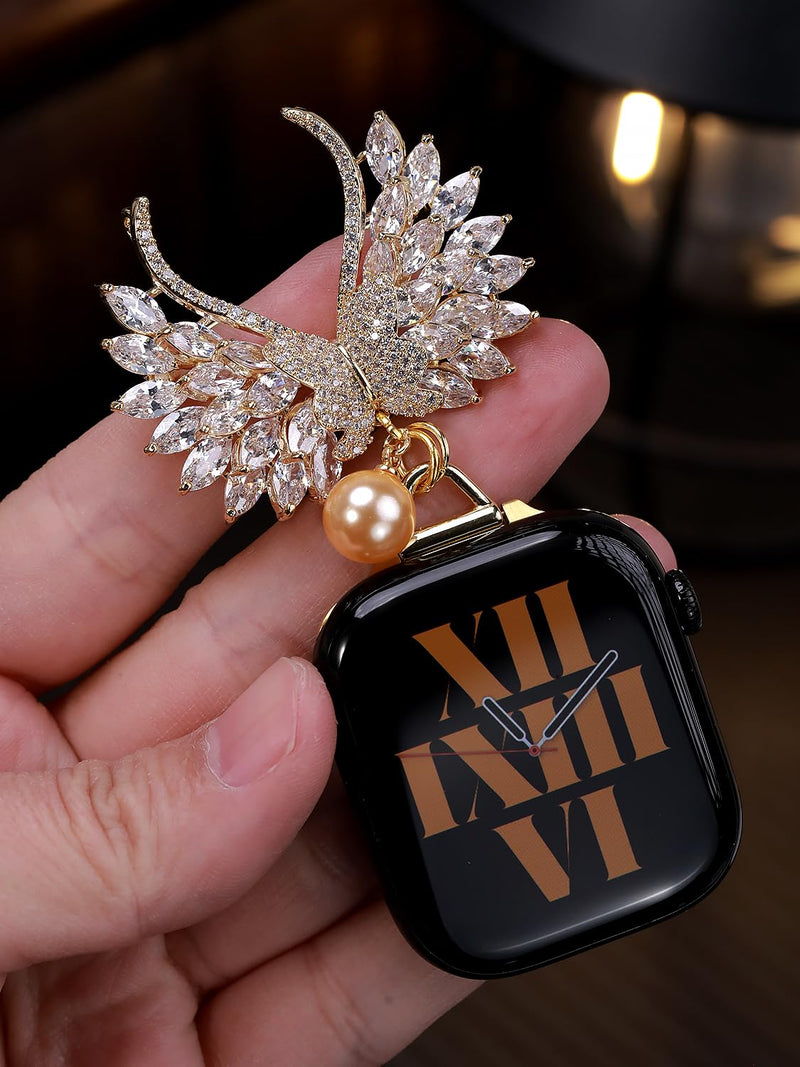 Exquisite Pin-On Brooch Clip Bag Charm Watch Bands Strap for Apple Watch123456789se10s11 Ultra 49mm Fob Clip 46/45/44/42/41/40/38Chain Nurse Metal Alloy Butterfly(Goldr) 41/40/38/42mm(series10)