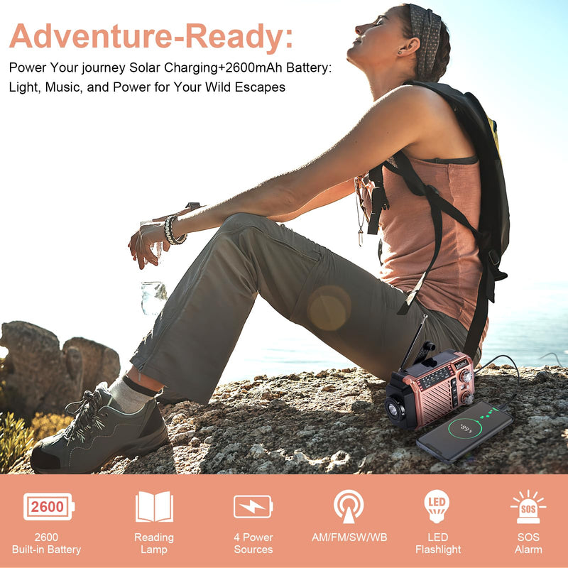 Hand Crank Emergency Weather Radio with 2600mAh/9620mWh Power Bank, NOAA AM FM Shortwave Portable Radio, Solar & USB-C Charging, Flashlight, SOS Alarm for Emergency Kits (Brown) Brown