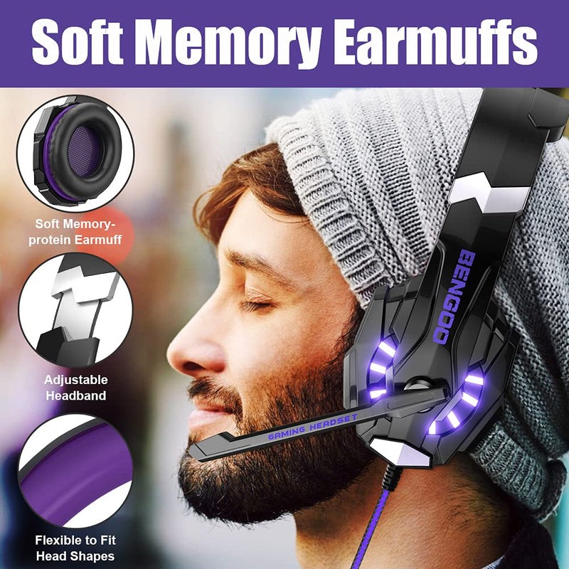 BENGOO G9000 Stereo Gaming Headset for PS4, PC, Xbox One Controller, Noise Cancelling Over Ear Headphones with Mic, LED Light, Bass Surround, Soft Memory Earmuffs (Purple) Purple