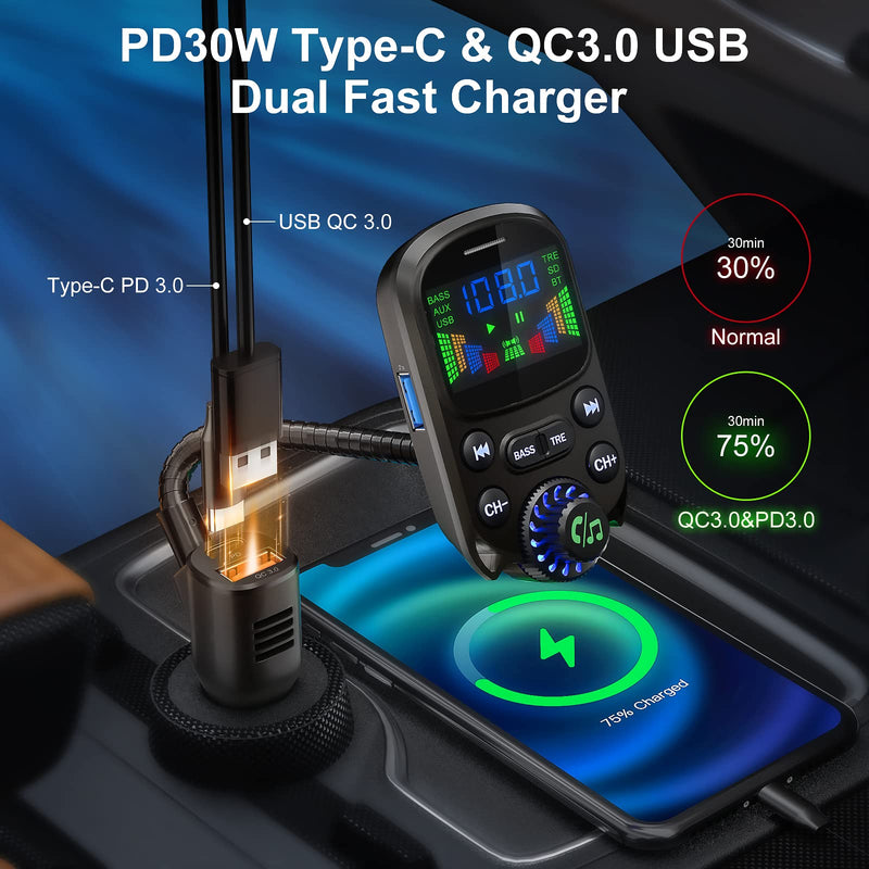 [AUSTRALIA] - Bluetooth 5.3 FM Transmitter for Car SOARUN Bluetooth Car Adapter PD30W & USB Port Fast Charge, HiFi Treble & Bass Player, 1.6" Display Hands-Free Calling Truck Radio with AUX Input/Output, TF Card Beige 
