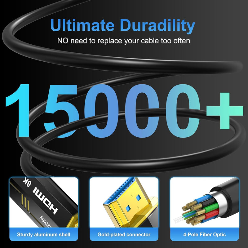 Fiber Optic HDMI Cable 50FT, 8K (HDMI 2.1,48Gbps) Ultra High Speed HDMI Cord with Gold Plated Connectors, 8K@60Hz 4K@120Hz, Compatible for PS4/5 PC HDTV Projector Large Display, Male-to-Male 15 Meters Fiber Optic