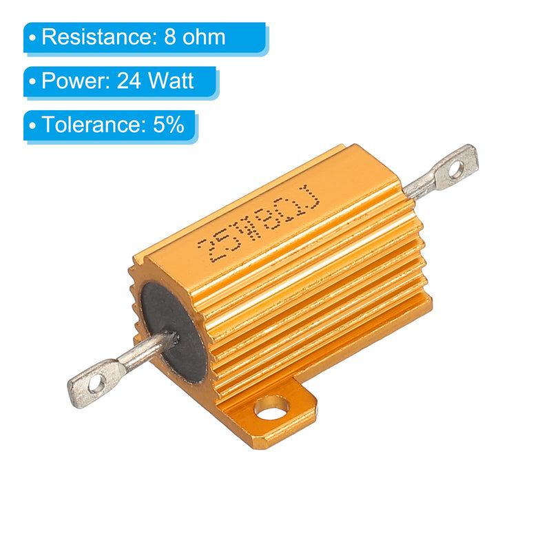 PATIKIL 25W 8 Ohm Aluminum Shell Resistor, 2 Pack Aluminum Housing Resistor Housed Case Wirewound Resistors Screw Tap Power Resistor 5% Tolerance, Golden
