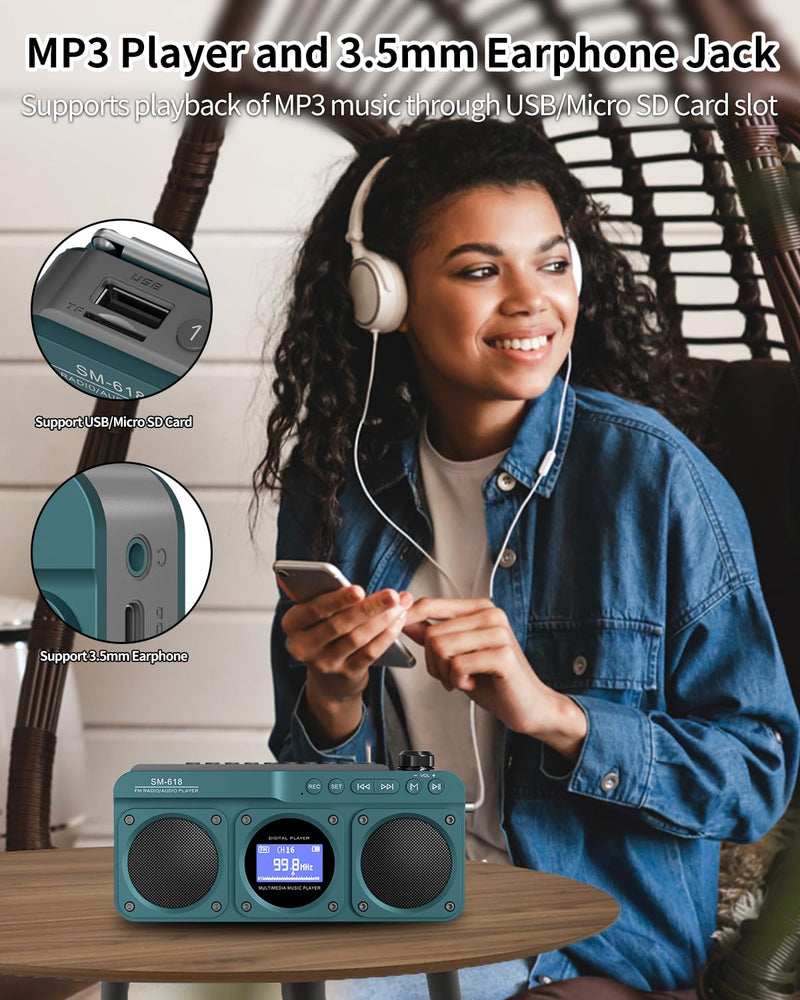 [AUSTRALIA] - SEMIER Small Digital FM Radio Bluetooth Speaker, Handheld Rechargeable Radio Wireless Speaker, LCD Display, Double Speakers, Headphone Jack, Support USB/Micro SD Card MP3 Play for Home Outdoor (No AM) Blue 
