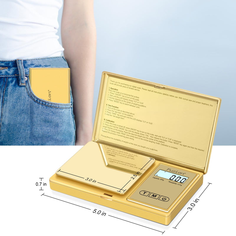 Fuzion Gram Scale, 200gx0.01g Digital Pocket Scale Gold Titanium Plating, High Precision Small Scale, 6 Units Jewelry Scale with Back-Lit LCD, Tare Function for Food, Powder, Herb, Arrow, Travel FZ-200
