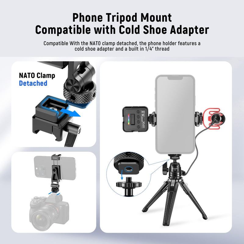 NEEWER Metal Phone Tripod Mount with Cold Shoe NATO Clamp Compatible with DJI RS5 RS4 RS3 Pro RS2 RSC2 Gimbal Stabilizer, 180° Tilt Phone Clip Holder Compatible with iPhone 15 Pro Camera Cage, GA010 GA010 with Nato Clamp