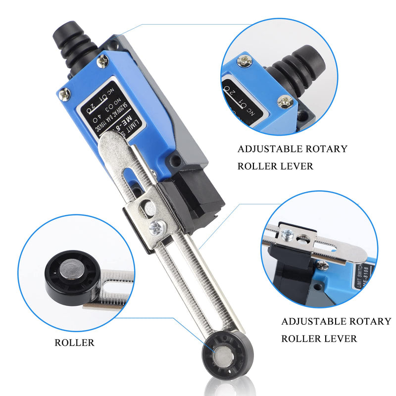 EXLECO 4 x Lever Limit Switch Adjustable Limit Switch with 5 cm Adjustable Roller Lever NO NC ME-8108 Limit Switch Self-Resetting Toggle Switch for CNC Router Plasma Electric Control Switch Pack of 4