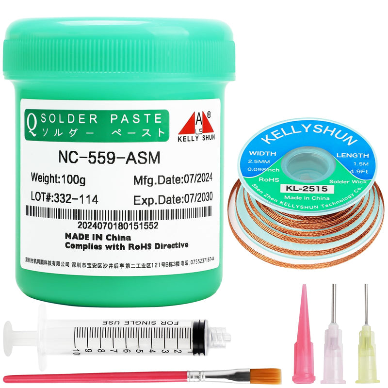 KELLYSHUN NC-559 Flux Soldering, 100 g, No-Clean Lead-Free Rosin Flux (Pack of 1), 2.5 mm / 1.5 m Desoldering Braid (1 Piece), Suitable for SMD, BGA, PCB, Household Appliance Repairs