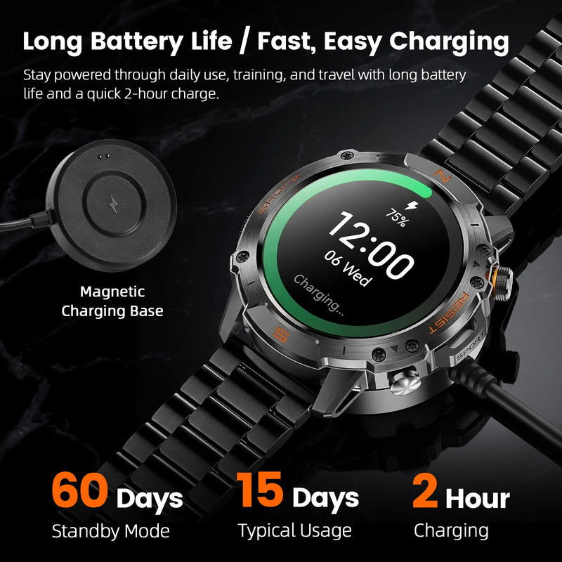 Rugged Smart Watch for Men, 5ATM Waterproof, 170+ Sports Modes,1.43" AMOLED | Round Health Fitness Tracker Watch, Tactical Military Smartwatch Compatible with iPhone Android Metallic