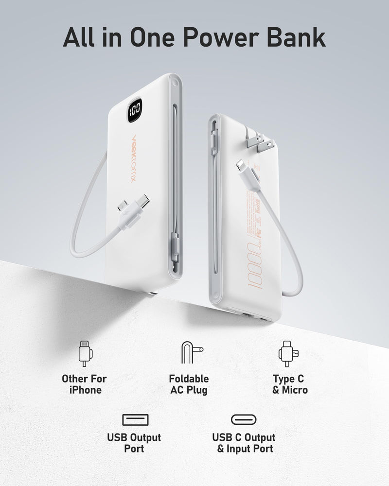 VEEKTOMX Power Bank with Built in Cables 22.5W 10000mAh, Portable Charger for iPhone with AC Wall Plug, Fast Charging USB C Slim iPhone Charger with LED Display Compatible with iPhone15/14/13, Samsung 10000mAh White