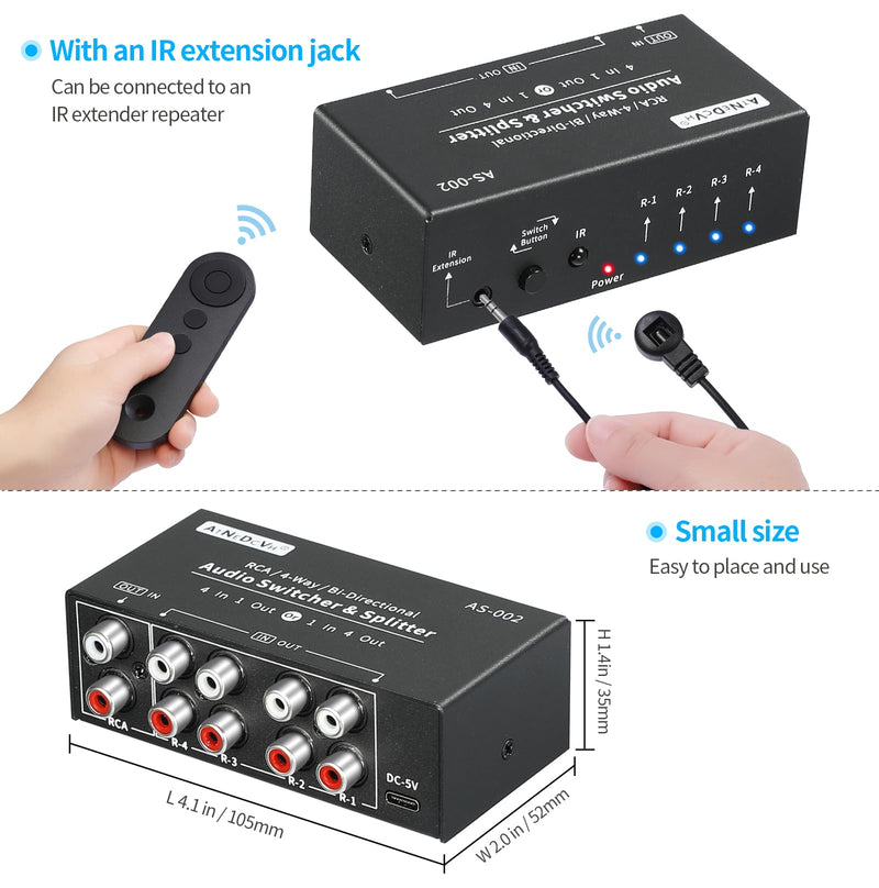 [AUSTRALIA] - RCA 4-Way Bi-Directional Audio Switcher Splitter, 1 in 4 Out / 4 in 1 Out Stereo L/R Sound Channel Audio Switch Selector Splitter Box with Remote Control for Speakers Headphones Amps (Black) 