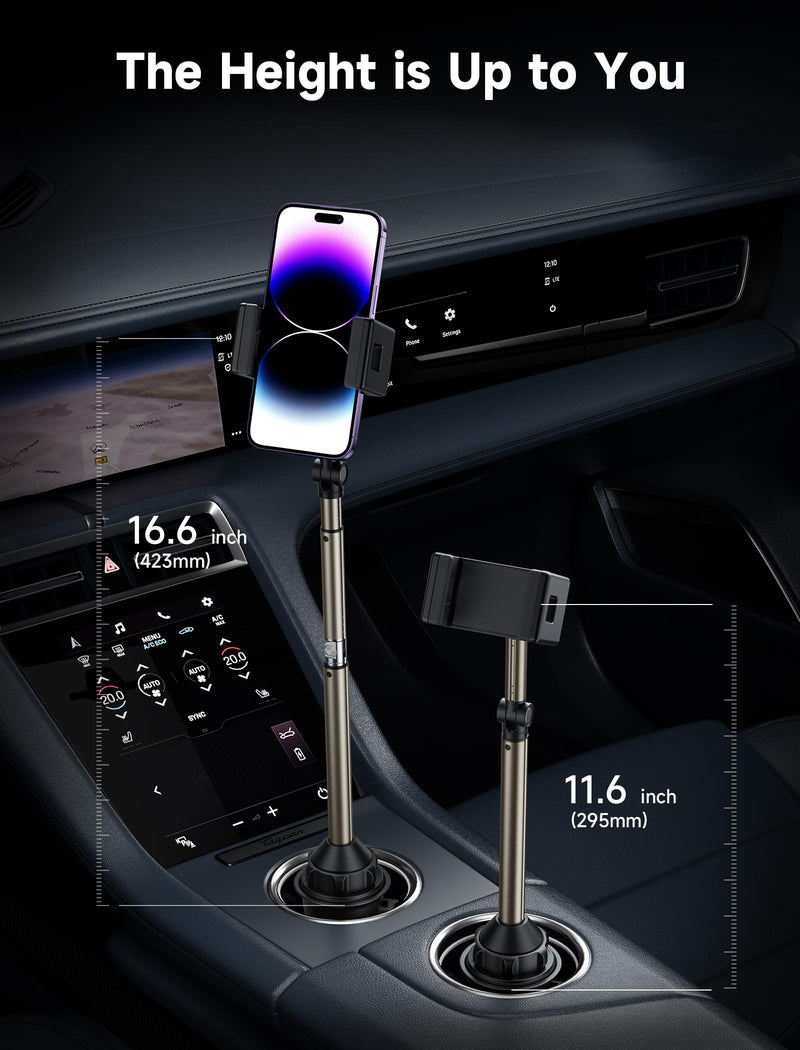 JSAUX Car Cup Holder Phone Mount, Metal Long Arm, Adjustable Base | Sturdy Metal Arm, Adjustable Height and Angle, Secure Phone Grip, Fits 2.17-4.33 in Car Cup Holders ClipMount