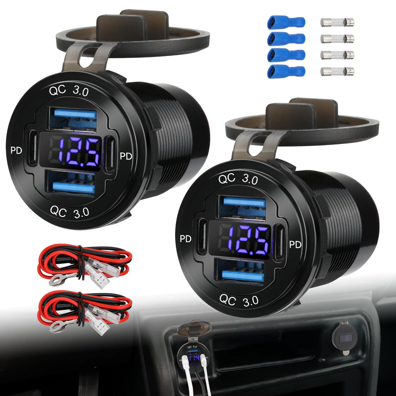 2 Pack 12V USB Outlet 4-Port, 78W Dual PD30W & QC3.0 Fast Charger | Waterproof Aluminum Alloy 12v power outlet with Blue Voltmeter for Cars RVs Boats Golf Carts Trucks Motorcycles 2 pack