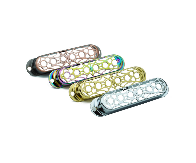 Guyker 3Pcs Single Coil Guitar Pickup Covers (52mm Pole Spacing), Copper Hollow Out Spider Web Style Pickup Mounting Ring Set Guitar Accessories Replacement Part(PS007, Gold) PS007, Gold