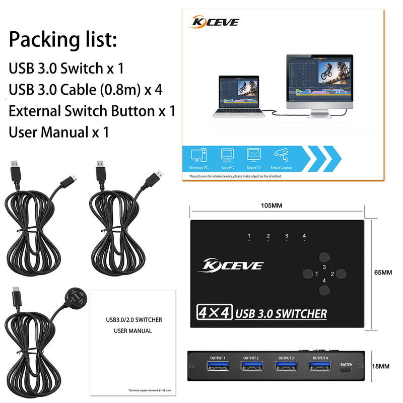 USB 3.0 Switch Selector 4 Port,MLEEDA KVM Switcher 4 Computers Sharing 4 USB Devices,USB Peripheral Switcher for Keyboard Mouse Printer Scanner,with Wired Remote Button and 4 USB 3.0 Cable USB Switch 4 PC