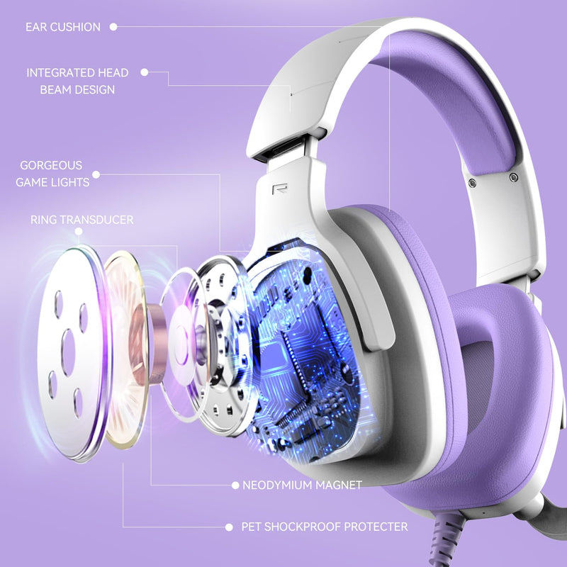 [AUSTRALIA] - Jimonyer Gaming Headset for PC/PS4/PS5/Xbox One/Switch, Stereo Surround Sound Gaming Headphones with Noise Canceling Flexible Mic, Computer Headset with 3.5mm Jack & RGB Light (WhitePurple) WhitePurple 