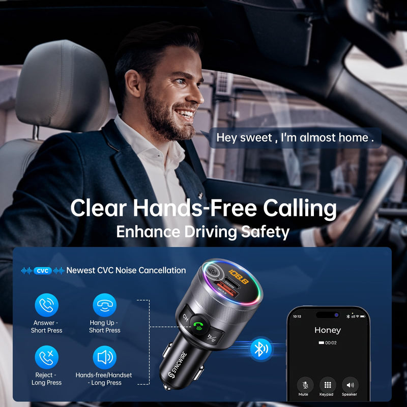 Syncwire Bluetooth 5.4 FM Transmitter for Car, 38W PD&QC3.0 Dual USB Charging Bluetooth Car Adapter Microphone & Bass Sound MP3 Music Player FM Kit with Hands-Free Calling Silver