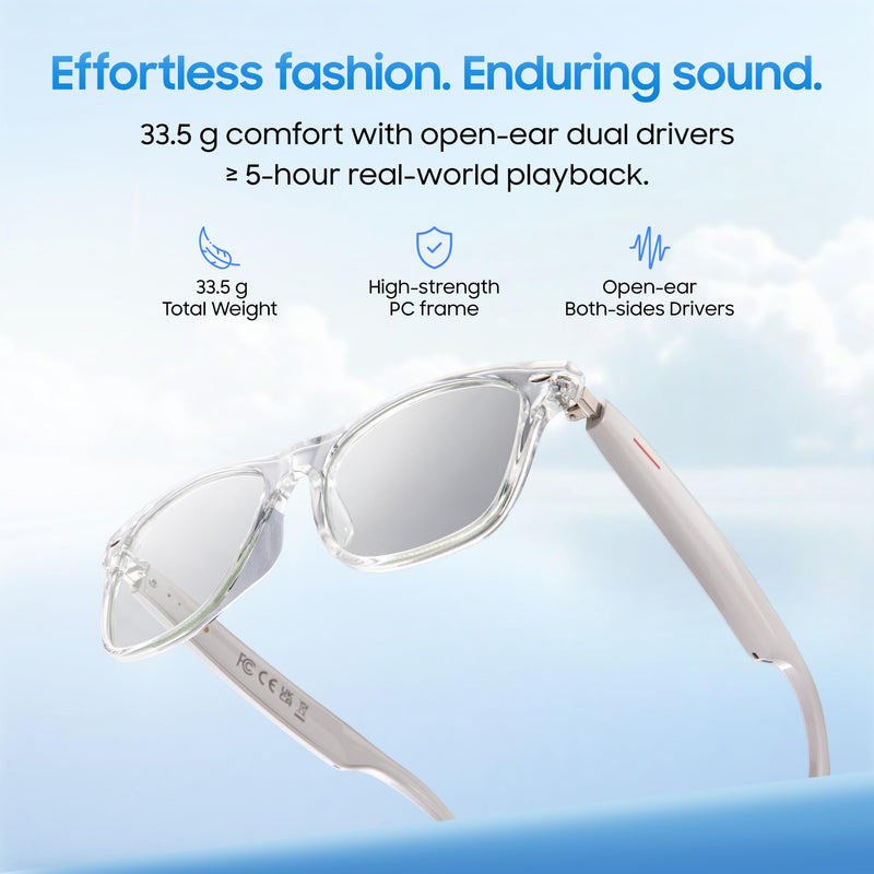 AI Smart Glasses, Translator, Open-Ear Bluetooth Audio, White TR90 Frame | Real-time AI interpreter & translator, open-ear speakers, auto on/off wear sensor, touch control, for men & women