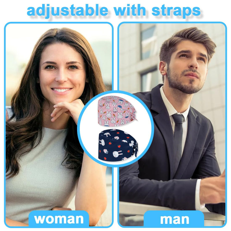 DLPRK Pack of 2 Adjustable Surgical Caps, Women's Unisex Work Cap, Cotton with Cotton Print (Nurse's Cap, Dust Cap)