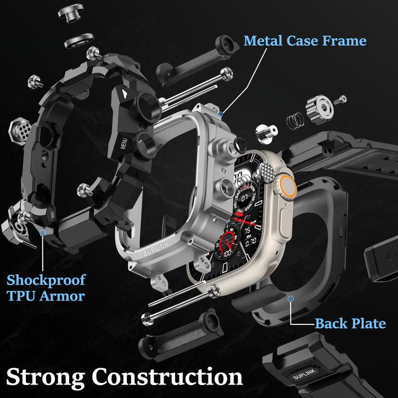 SUPLINK Rugged Case with Sport Band for 49mm Apple Watch Ultra 3 2 1 Bands Black and Stainless Steel Apple Watch Band for Men Gold