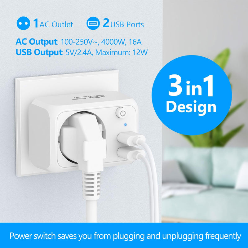 JSVER USB Socket 4000 W with 2 USB Ports, Socket Adapter USB Adapter Socket Schuko Plug with USB Charger, Charging Plug USB with Switch for Phone and Household Appliances, White