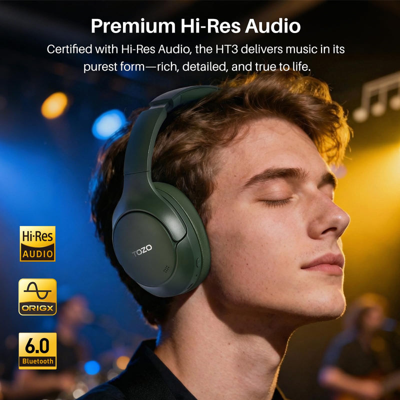 TOZO HT3 Hybrid Noise Cancelling Wireless Headphones, 90H Over Ear Headset | Hi Res Audio, AI Voice Assistant, Dual Device Connection, 32 Custom EQs, Built In 5 Mics, ANC, Foldable with Case Matte Green Headphones with Case