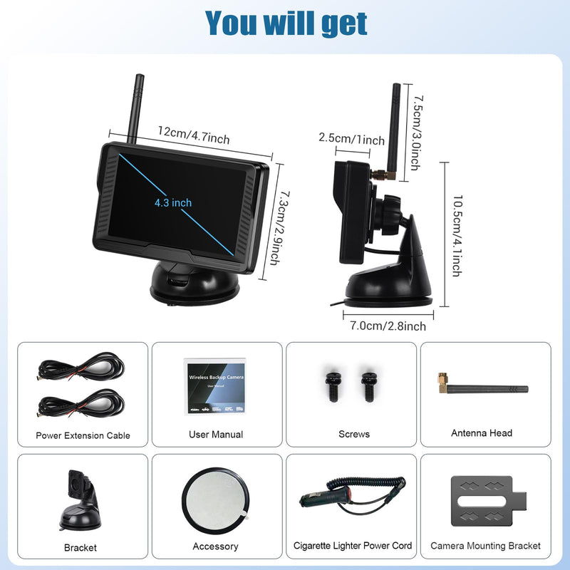 Wireless Backup Camera for Car 4.3 Inch Monitor Digital Signal Stable Rear View Camera Night Vision for Truck/Car/Pickup/SUV/ IP69 Waterproof with License Plate Backup