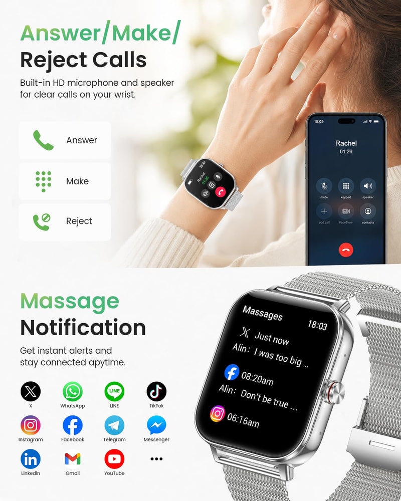 Smart Watch for Women with Bluetooth Call, 1.85'' Waterproof Smartwatches with 100+ Sport Modes Pedometer Heart Rate/SpO2/Sleep Monitor, Fitness Activity Trackers for iPhone Android, Silver