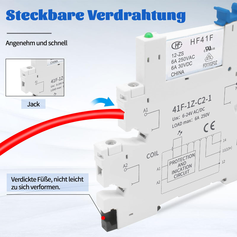 ReleyWell 12 V Relay DIN Rail; Silm, Solenoid Power Relay for PLC, HF41F/24-ZS 5 Pin SPDT with Push in Socket, 24 Coil dc/ac, Electromagnetic Relay, Max 6A 250VAC 12V-2