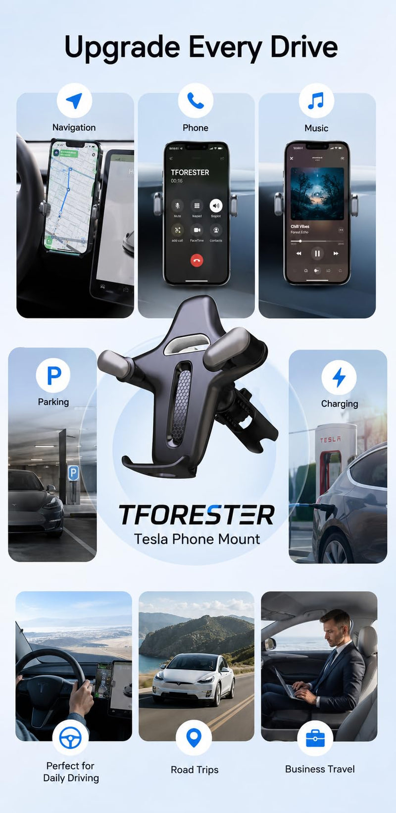 TFORESTER Tesla Phone Mount for Model Y/Model 3 / Model S/Model X/Cybertruck, Adjustable Car Phone Holder for Tesla Screen, Stable Cell Phone Mount with Clamp Design,-Gray 7.2 Gray